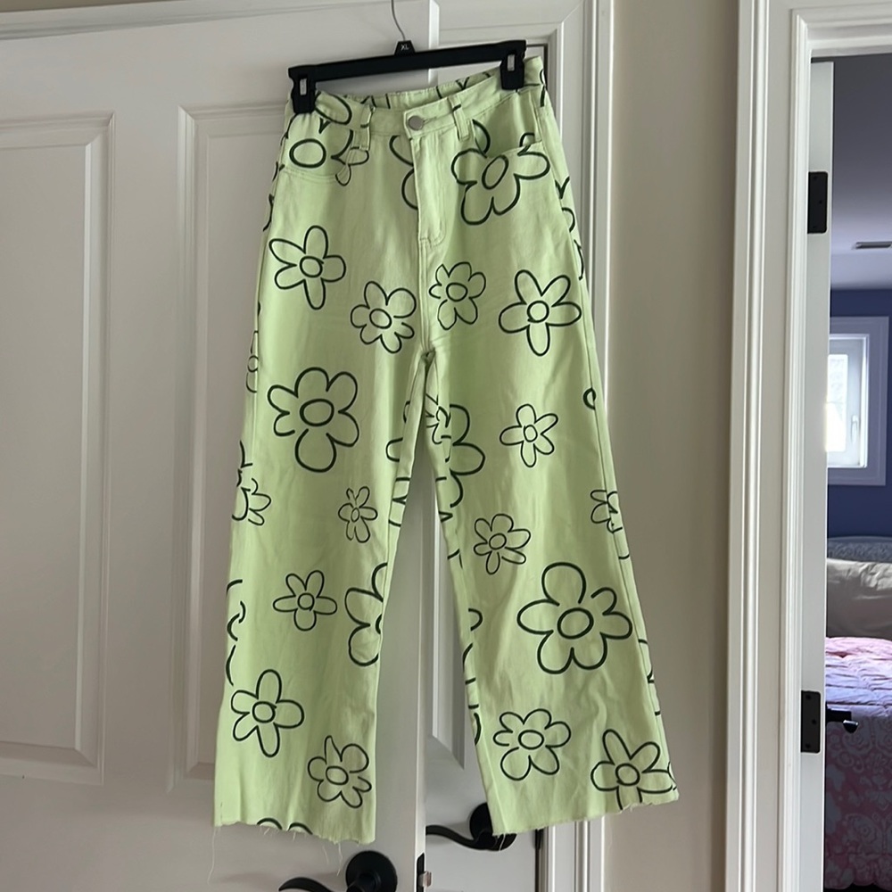 Bailey Rose light green retro like cropped Wide Leg  flower jean pants Womens 5 - Picture 3 of 8